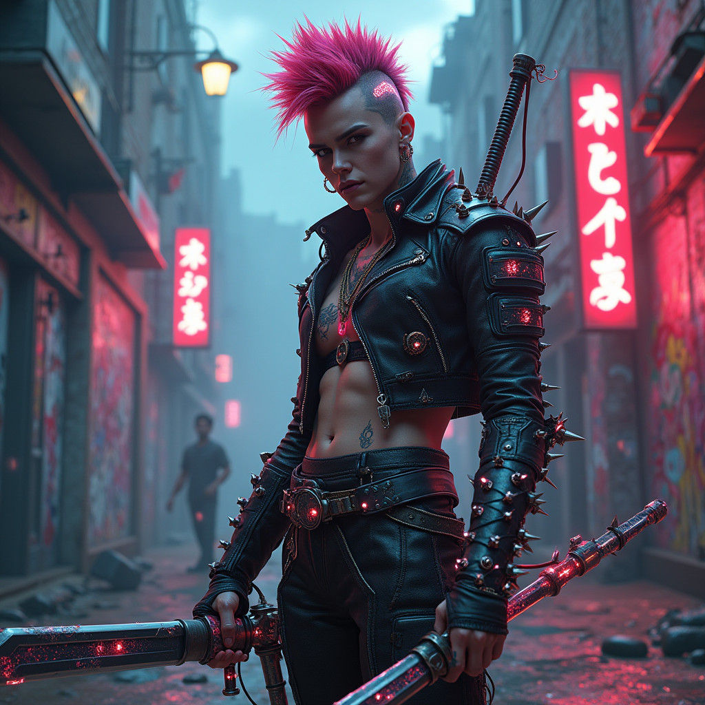 Punk Fantasy Warrior in Dystopian Cityscape