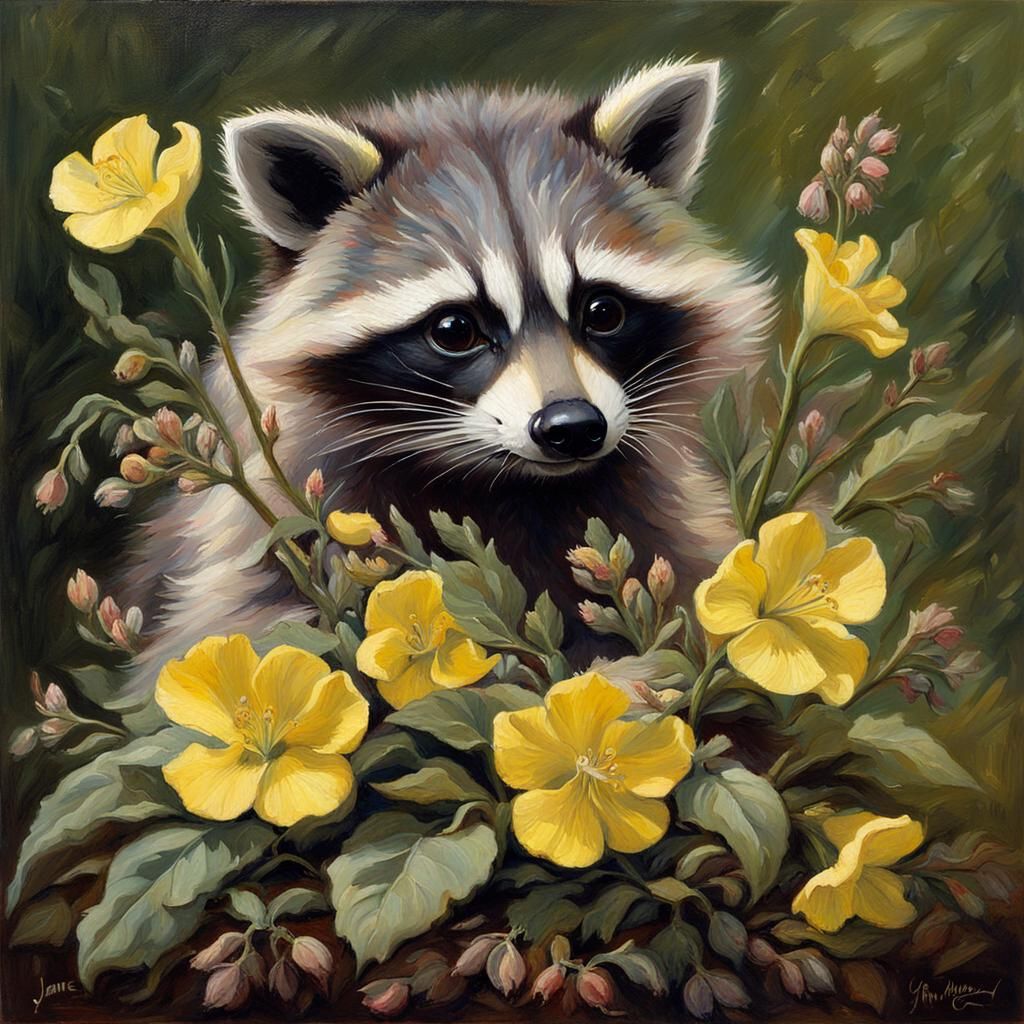 Raccoon Baby in Evening Primrose, Rococo Oil Painting