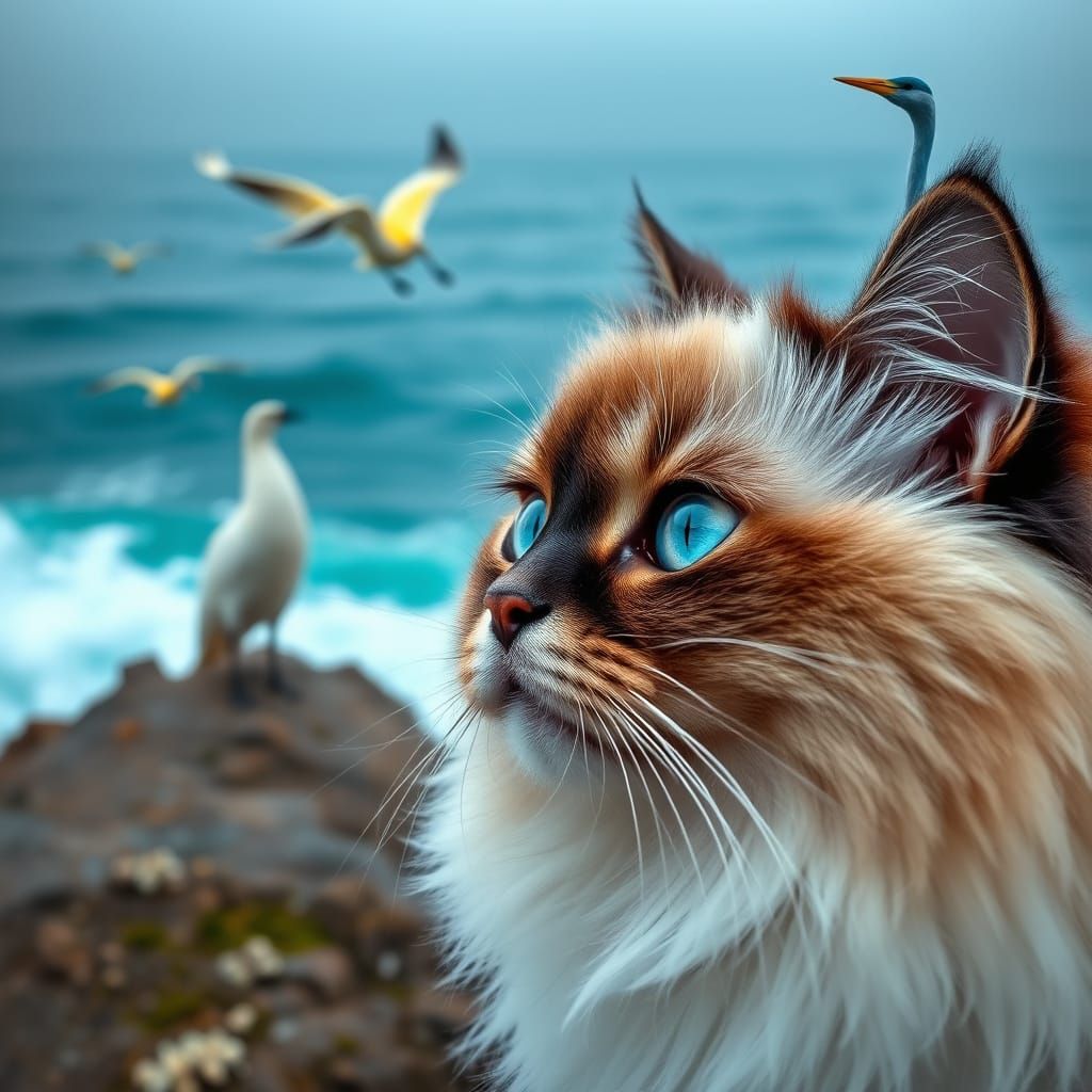 Majestic Persian Cat Observes Seal and Swans