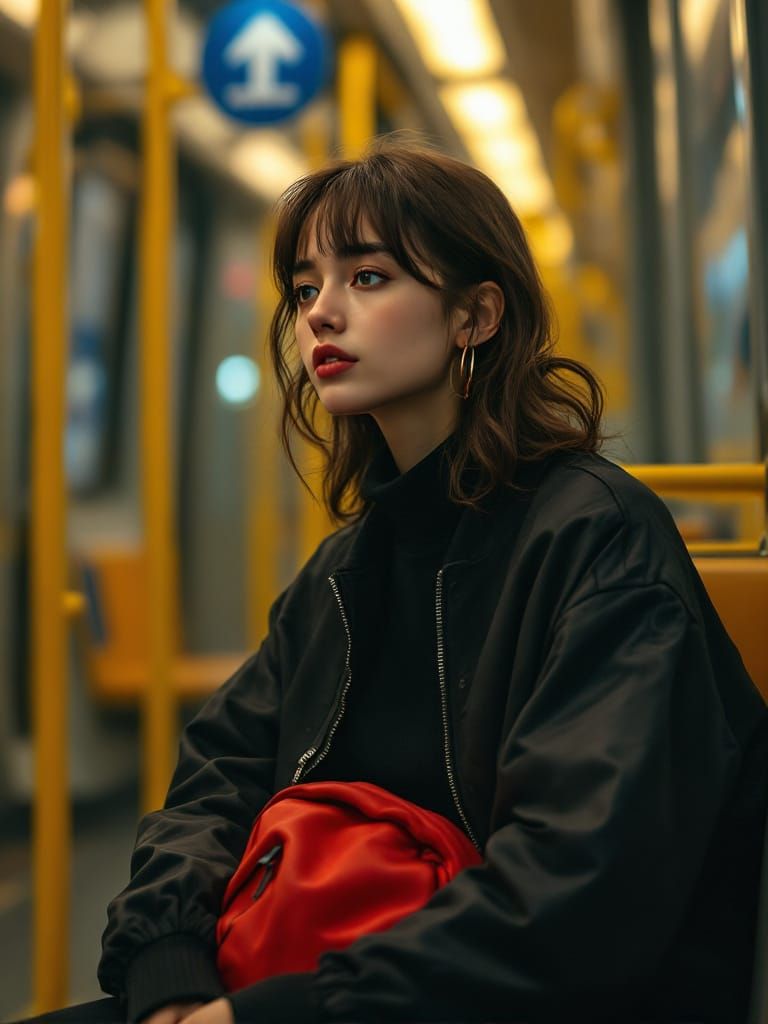 Woman on Public Transit in Cinematic Style