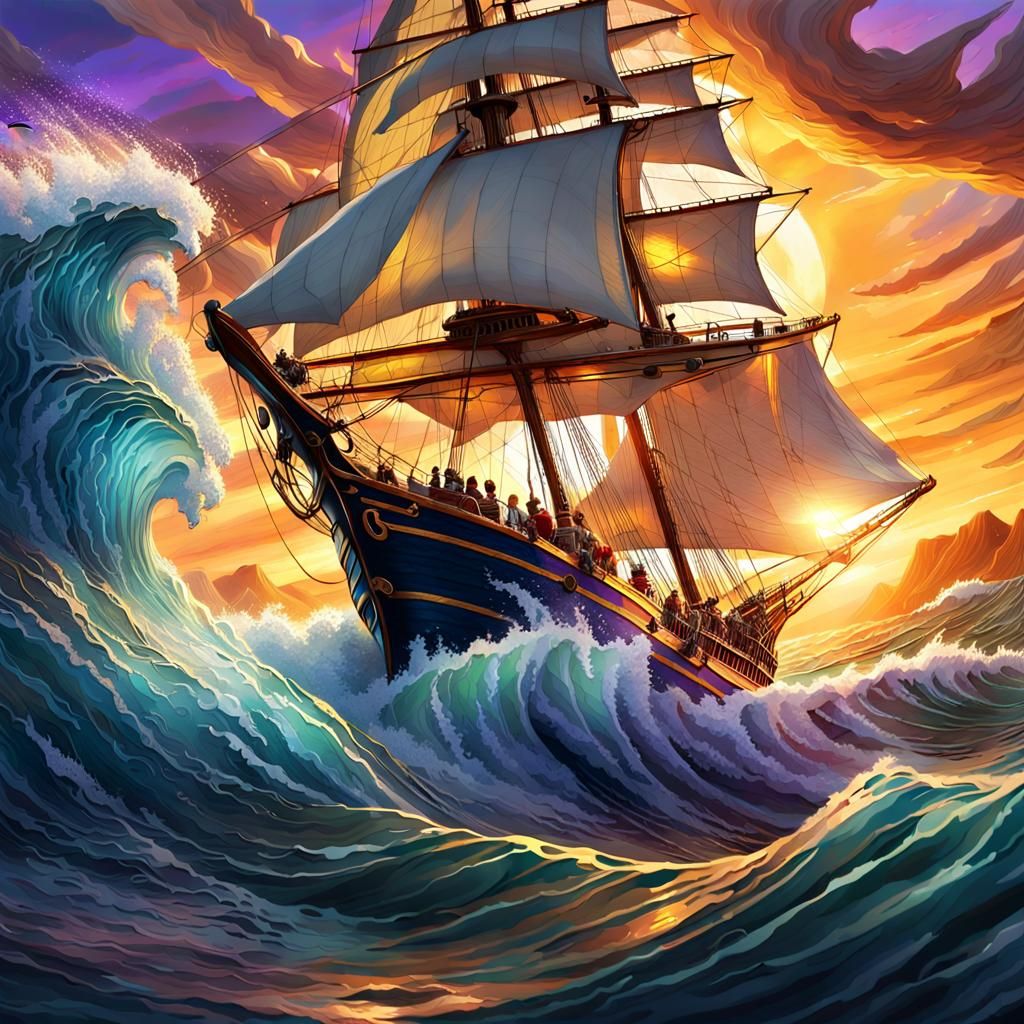 Majestic Sailing Ship Battles Waves Amidst Sunset Splendor
