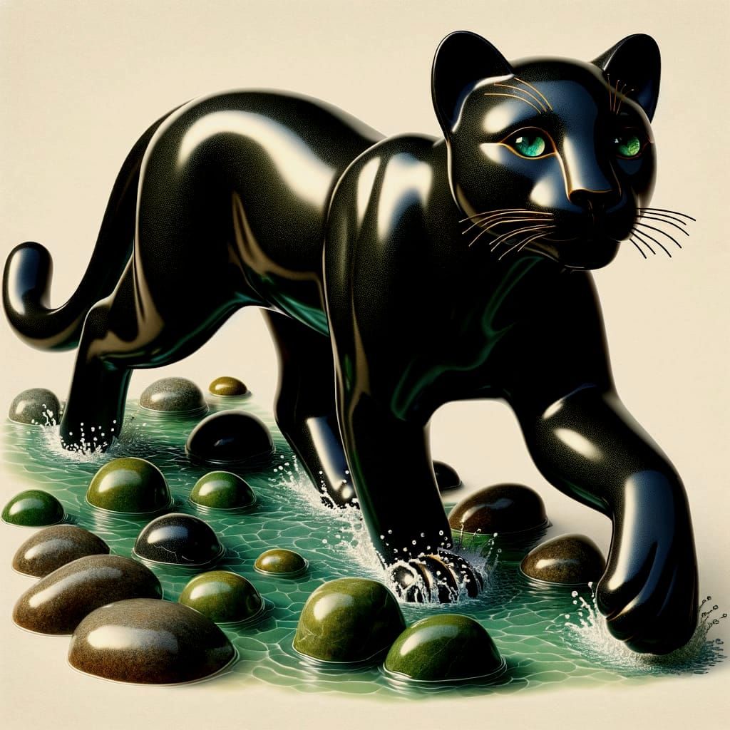 Kintsugi Panther in Crystal Stream, Naturalistic Style