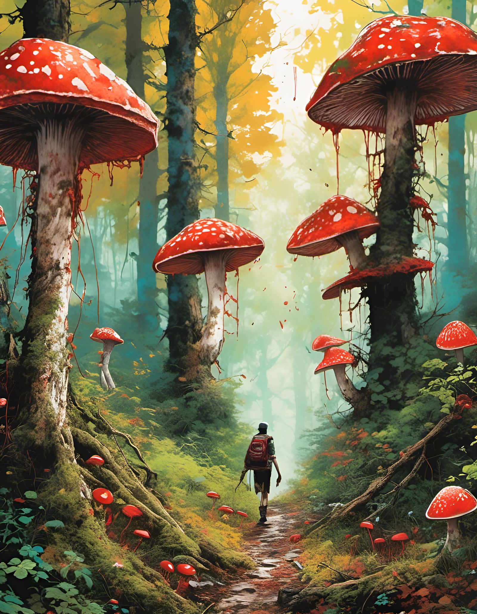 Surreal Forest Hike with Amanita Muscaria in Graffiti Style