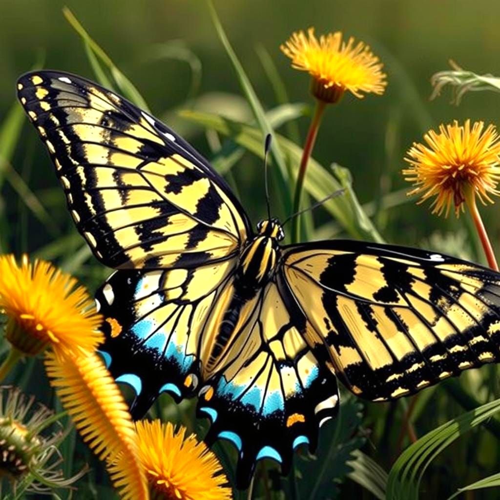 Tiger Swallowtail Butterfly on Dandelion in Morning Light
