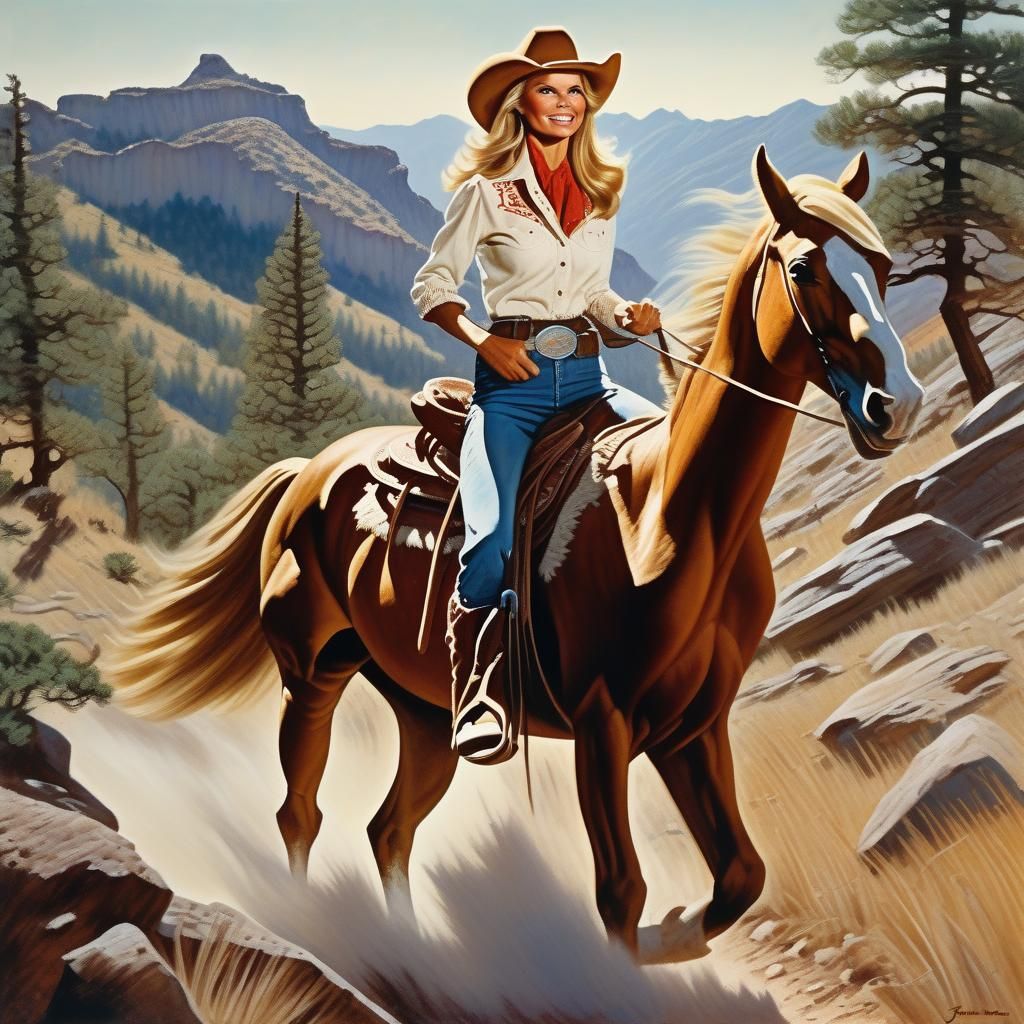 Cowgirl on Mountain Trail in Oil Painting Style