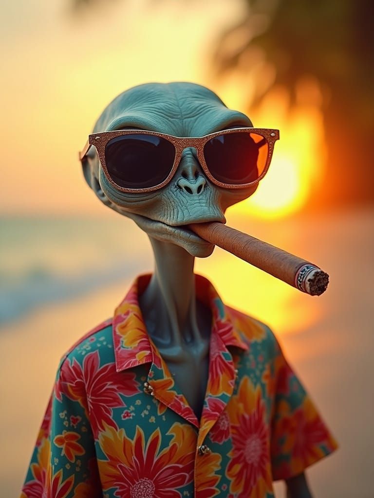 Alien Vacation: Hyperrealistic Cigar Smoker at Sunset