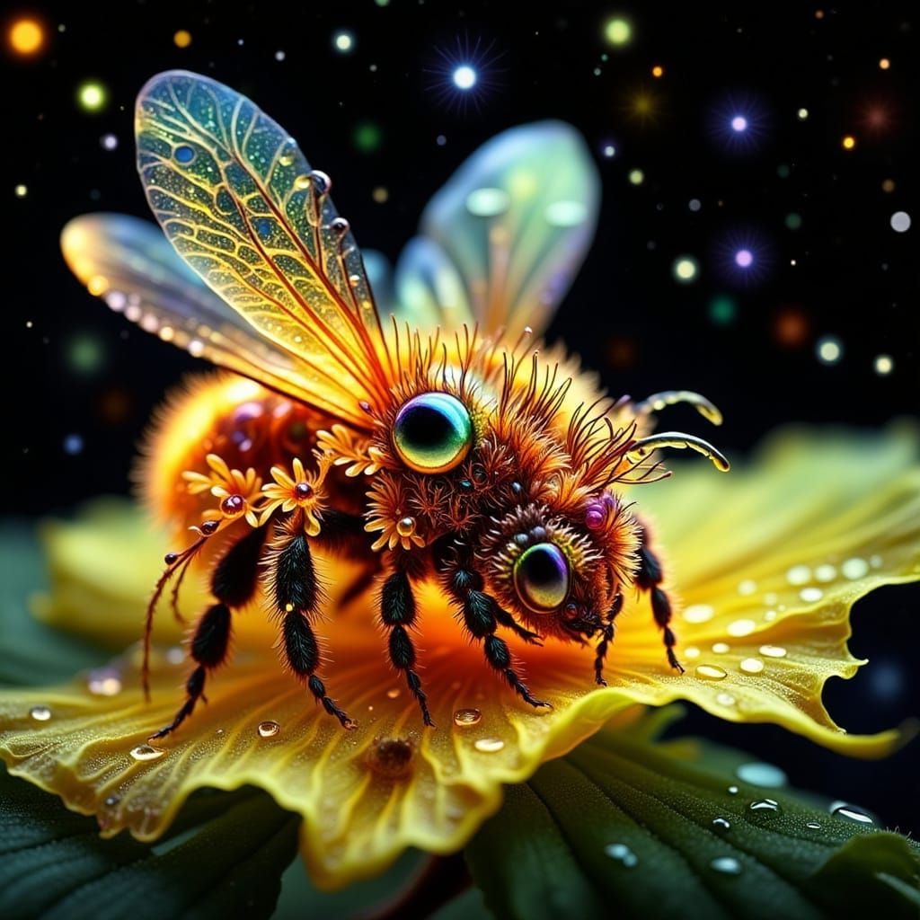 Cartoon Bee Sleeping in Starry Fractal Galaxy