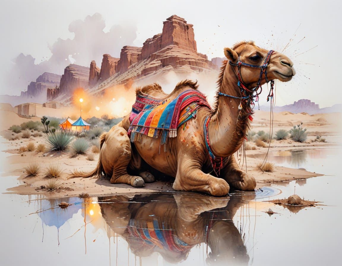 Moroccan Oasis Twilight Scene with Camel