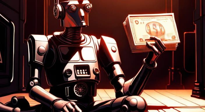 Hyperrealistic Robot Holding Cash Sign in Cityscape