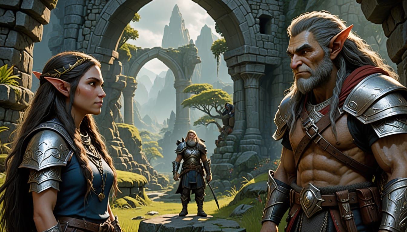 Troll and Elf in Dwarven Ruins Landscape