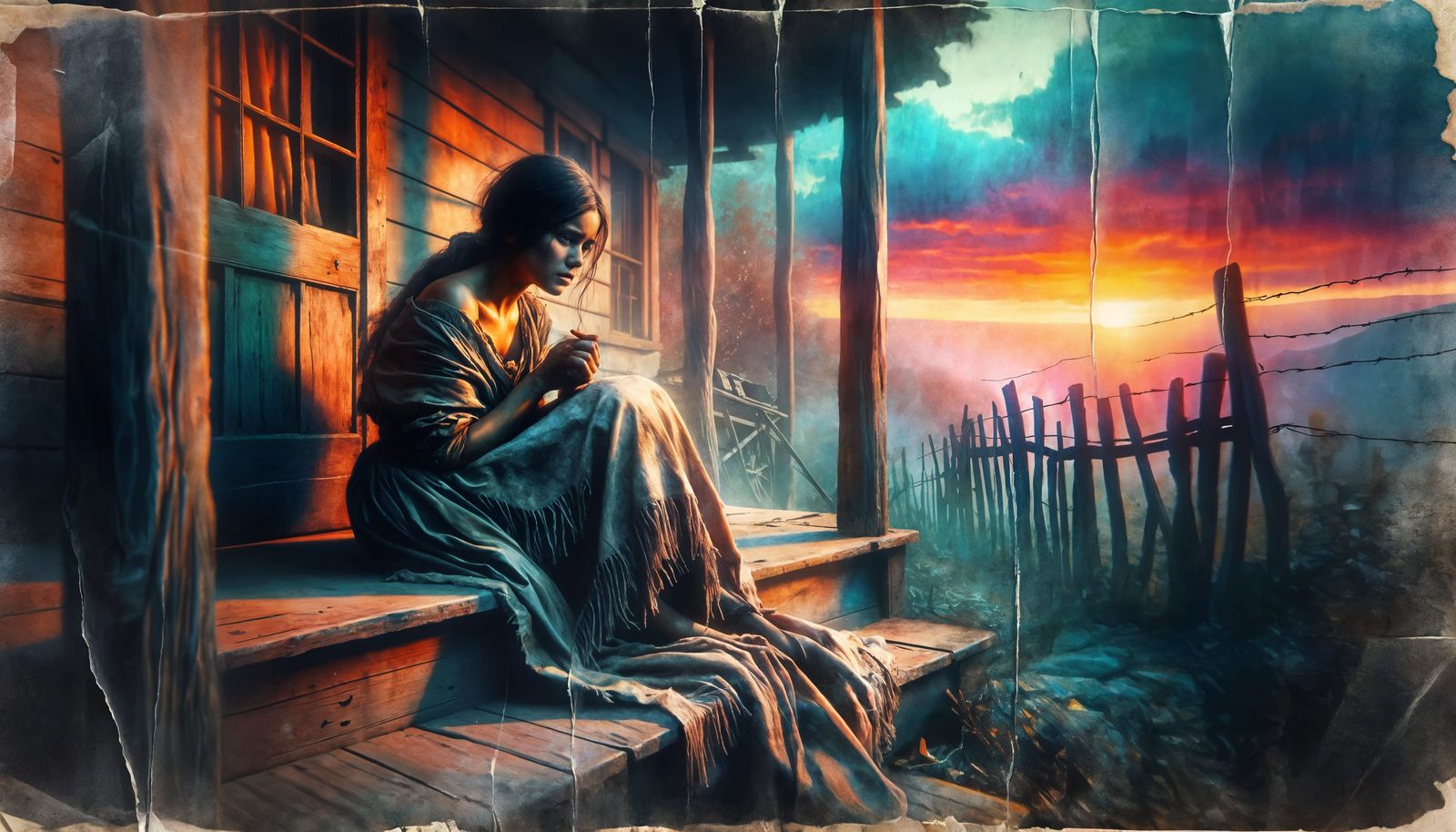 A Grieving Hispanic Woman Surrounded by a Haunting Sunset