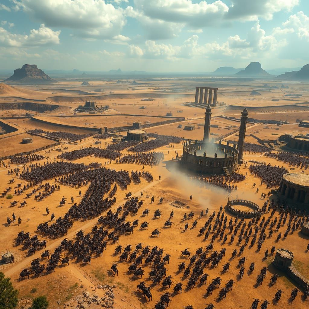 Ancient Battlefield Epic in Realistic Aerial Style