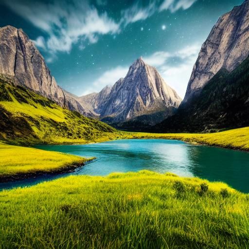 Mountain Valley Landscape at Night with Starry Skies