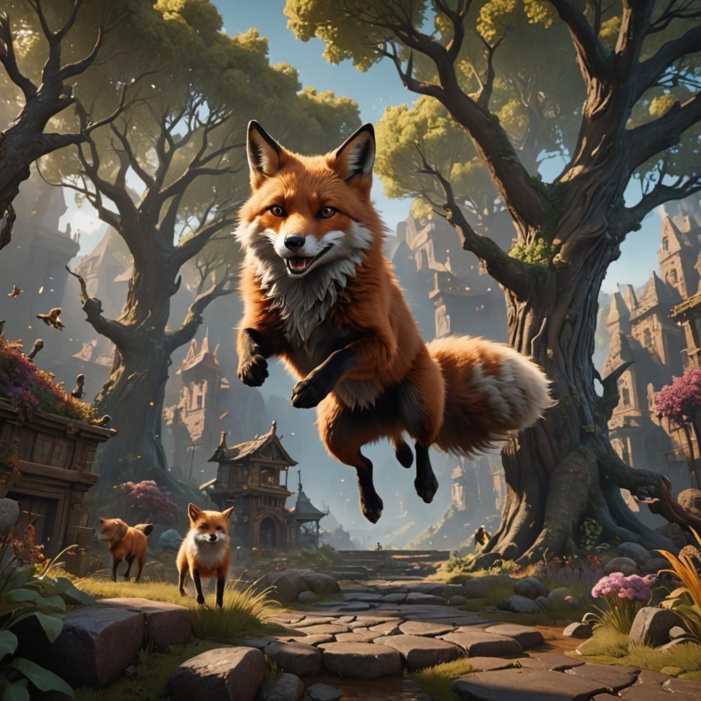 Fox Jumps Over Dog: Detailed Matte Painting