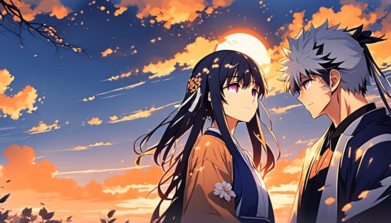 Anime Style Sunset Scene with Young Couple