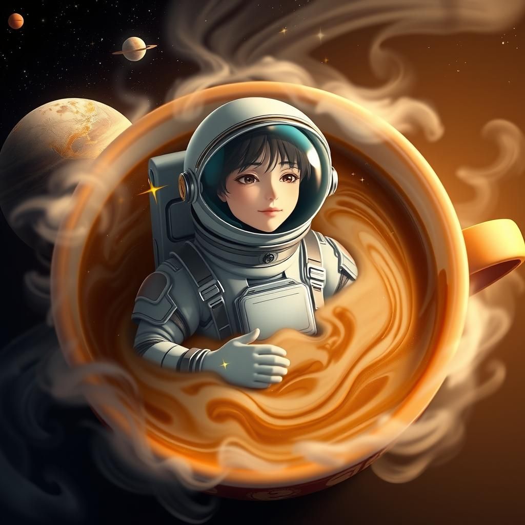 Astronaut in Coffee Cup: Anime-Inspired 3D Render