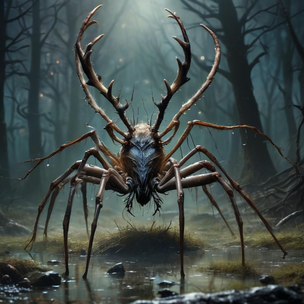 Deer-Spider Hybrid in Mist: Art Nouveau Oil Painting
