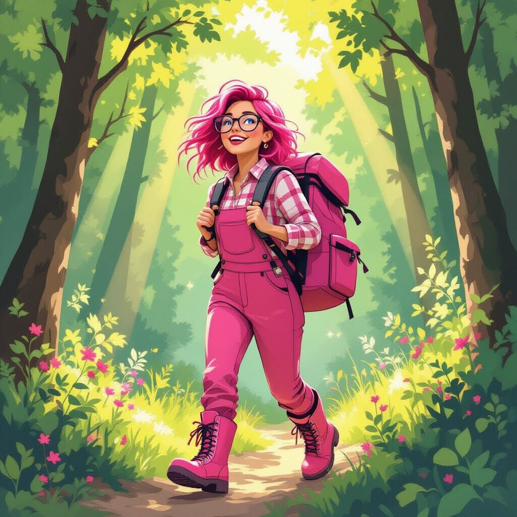 Woman Hiking in Forest with Pink Backpack in Whimsical Style