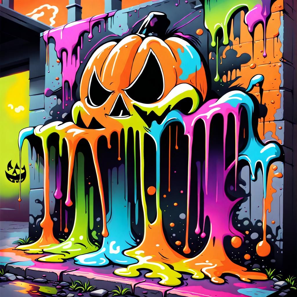 Neon Graffiti Art of a Halloween Town