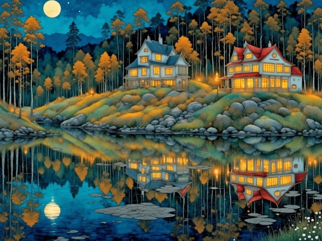 Glowing Midsummer Night on a Swedish Lake in Intricate Detai...