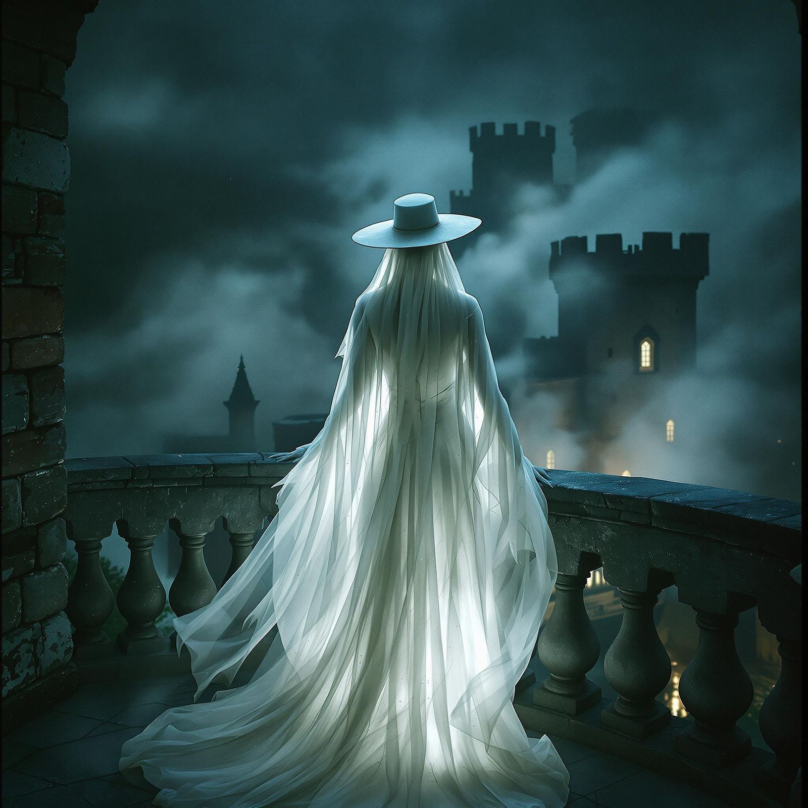Eerie Spectral White Lady on Castle Balcony