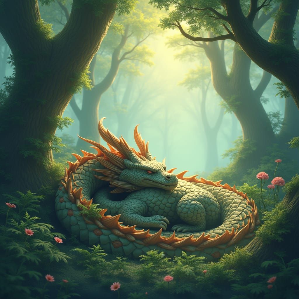 Dragon Sleeping in Fantasy Forest, Studio Ghibli Style
