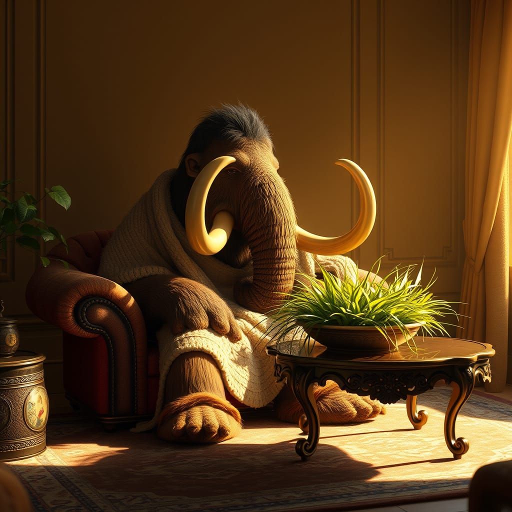 Content Mammoth in Cozy Scene as Matte Painting