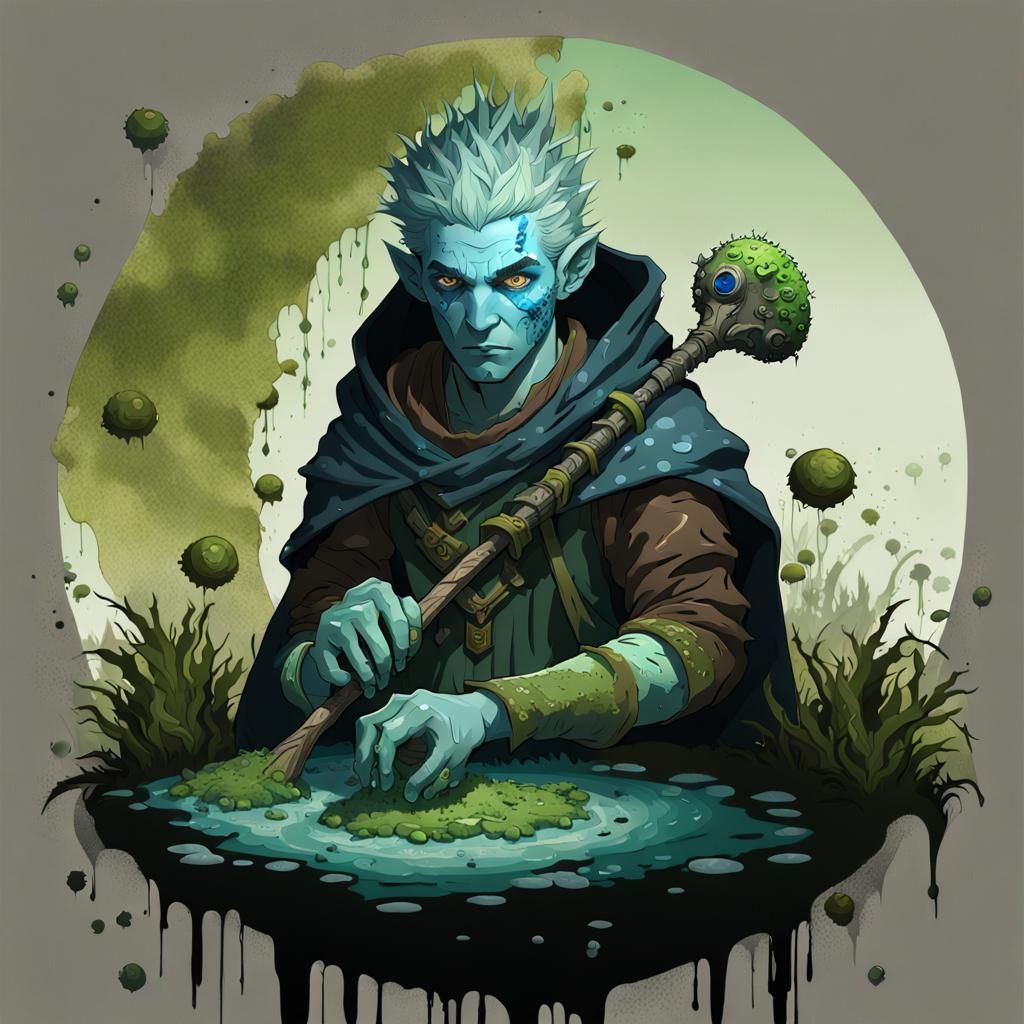 Water Genasi Spore Druid in Detailed Matte Painting