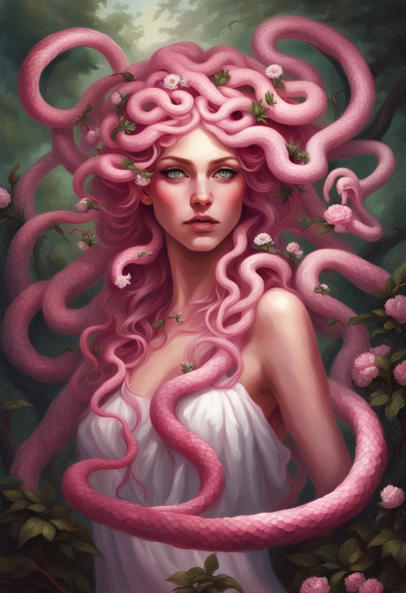 Ethereal Pink Anime Medusa, Goddess of Snakes