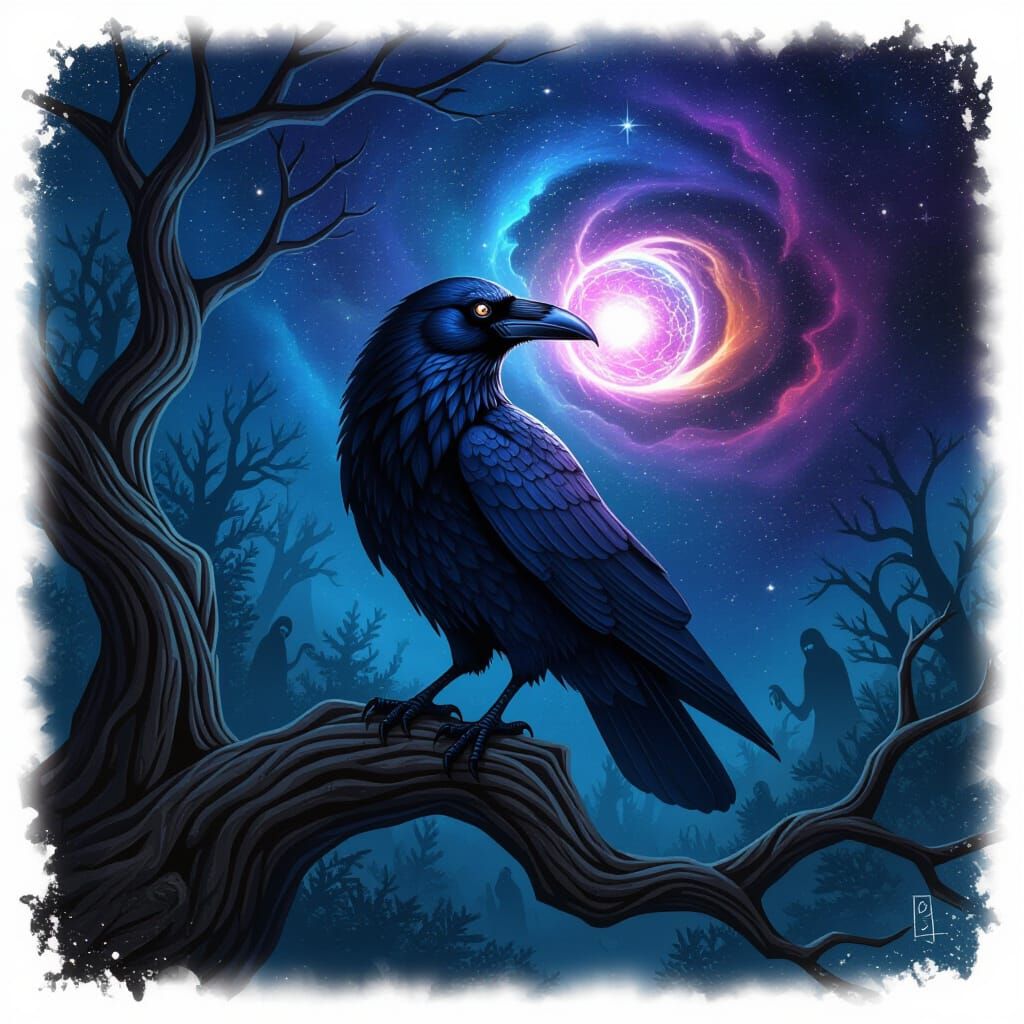 Dark Fantasy Raven with Arcane Orb in Cosmic Nebula
