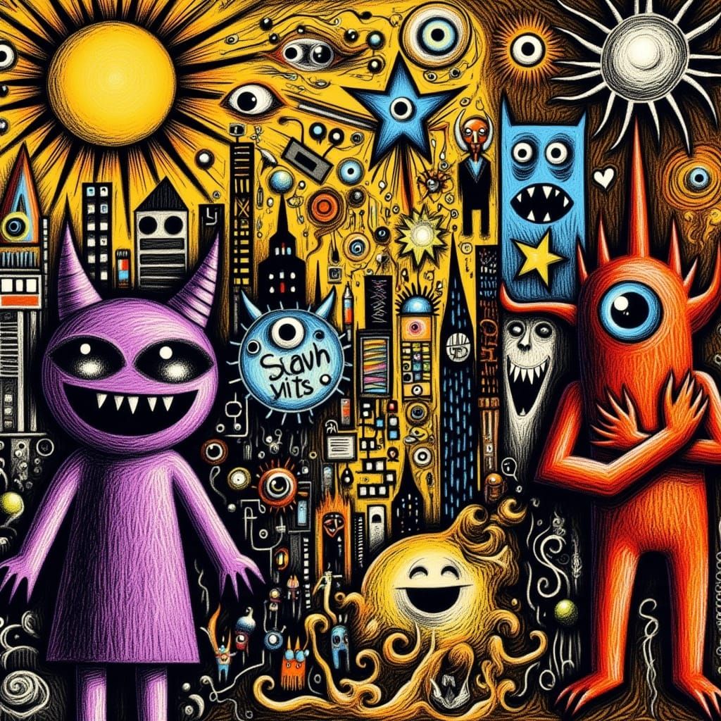 Distorted Metropolis in Art Brut Style