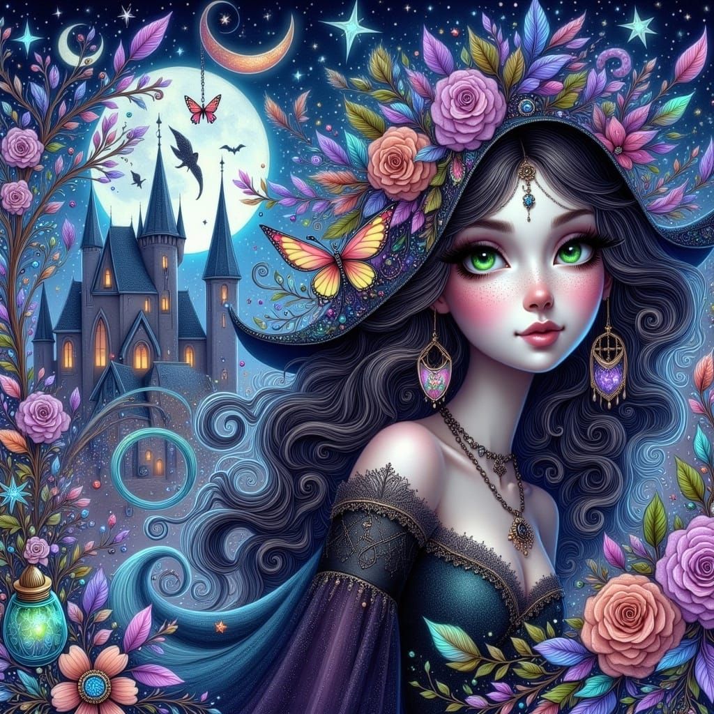 Whimsical Witchy Goth Hippie Girl Portrait