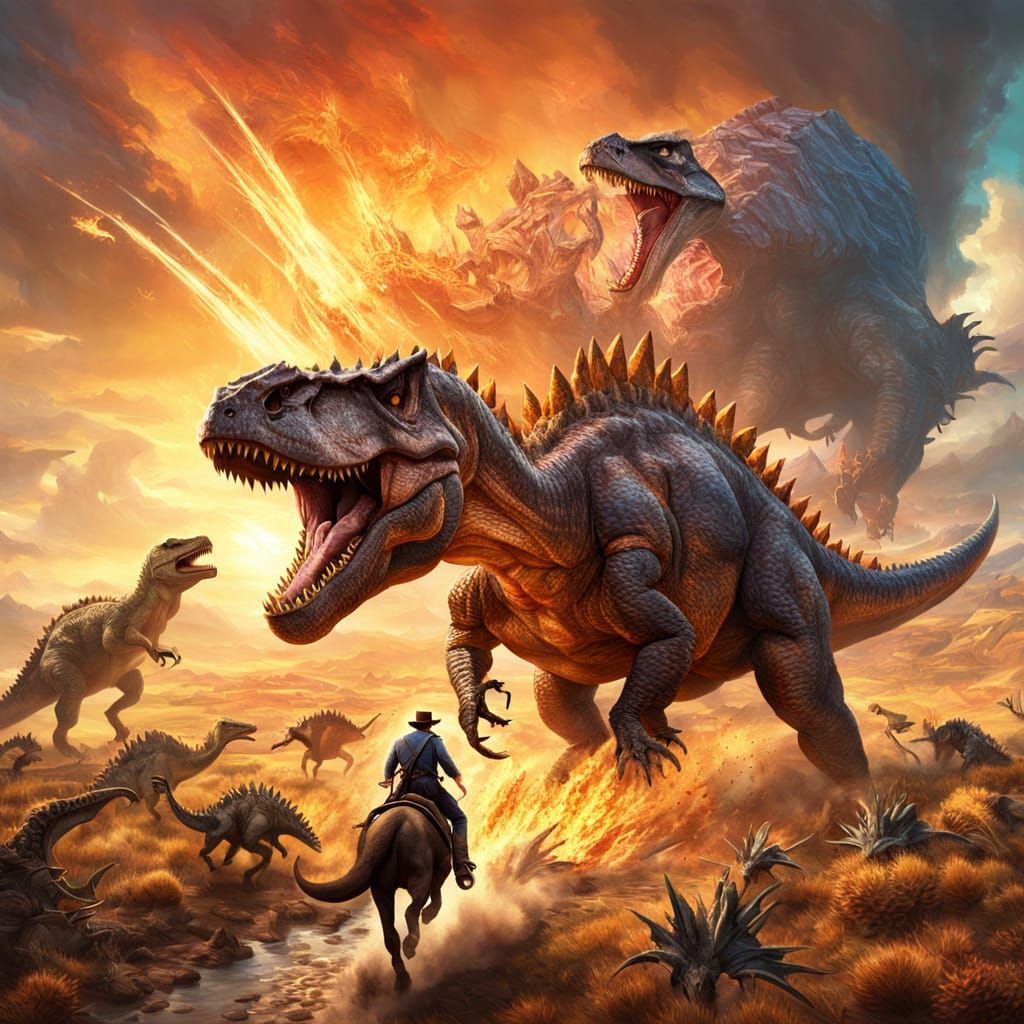 Cowboy Riding Tyrannosaurus Rex in Oil Painting Style