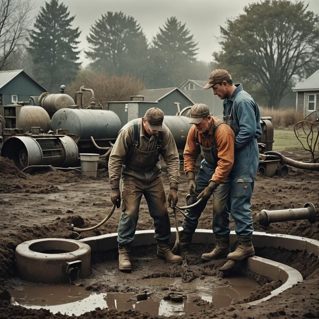 Rural Workers in Overalls Pump Septic Tank