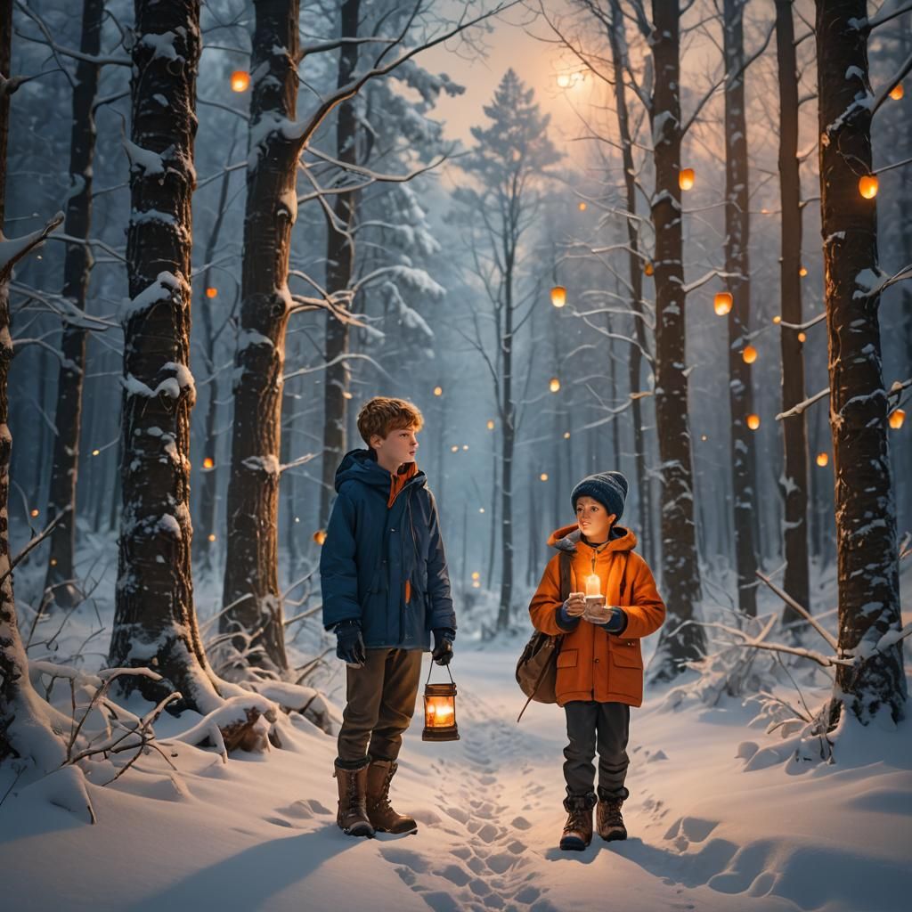 Boy with Candle in Snowy Forest: Matte Painting