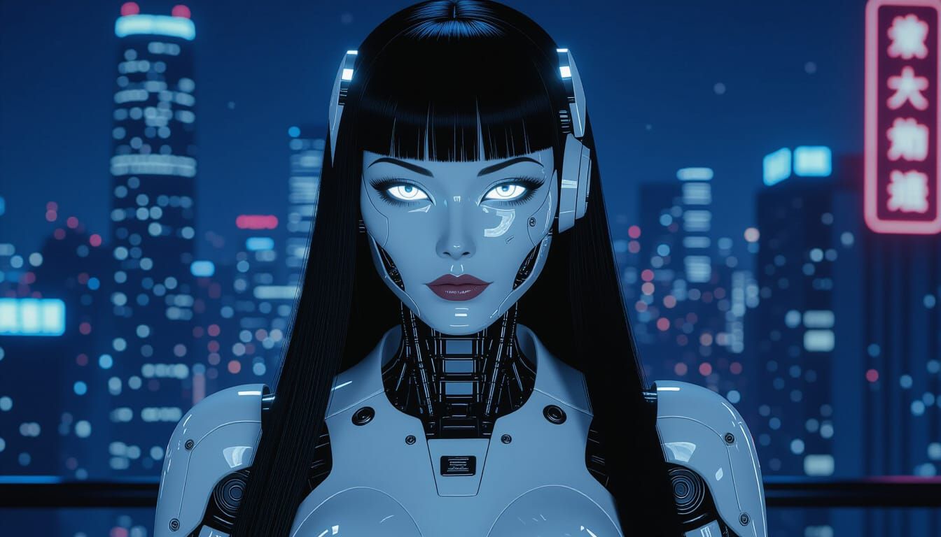Glamour Android in Cyberpunk Cityscape