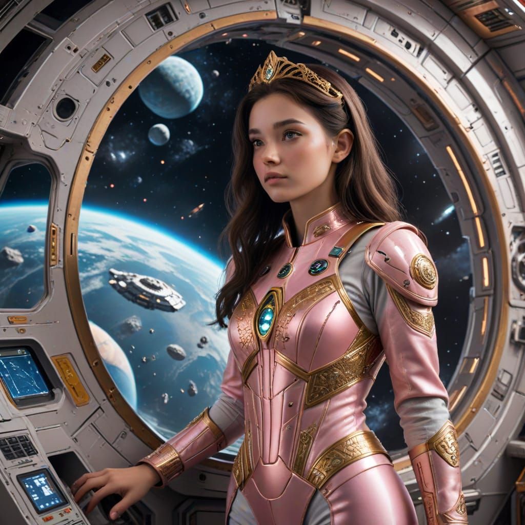 Princess in Space Uniform Stands at Spaceship Hatch