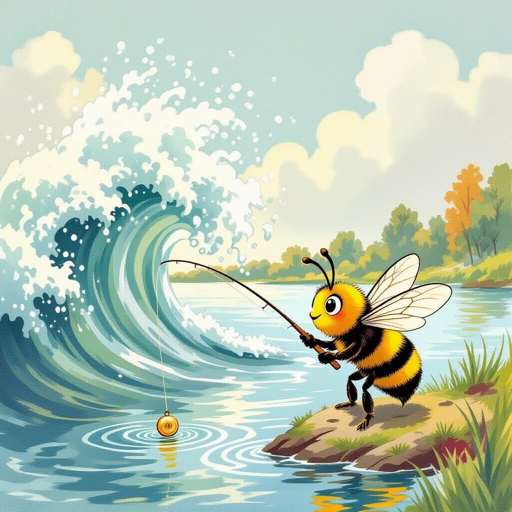 Brave Bee Catches Golden Button by Stormy Lake