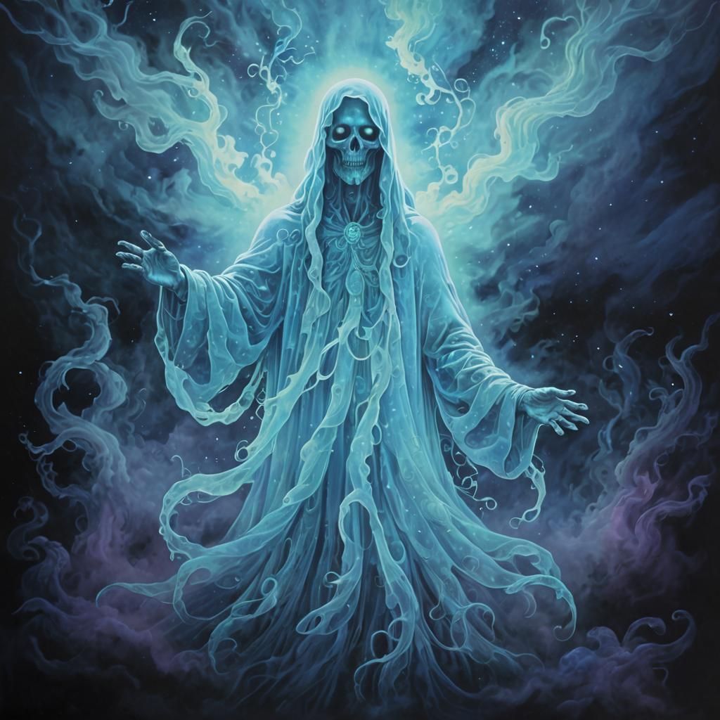 Ethereal Cosmic Ghost in Bioluminescent Blacklight Art