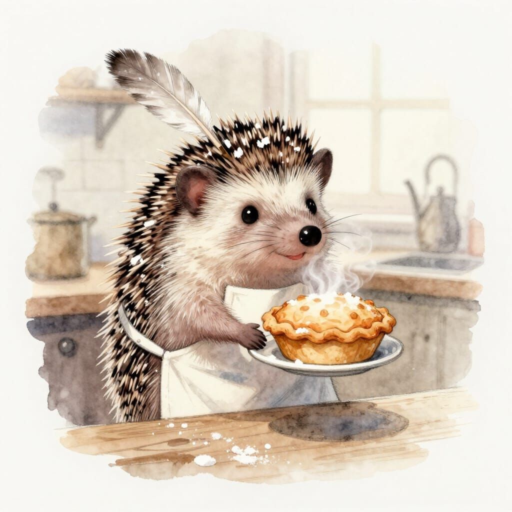Hedgehog Chef Presents Steaming Pie in Snowy Kitchen