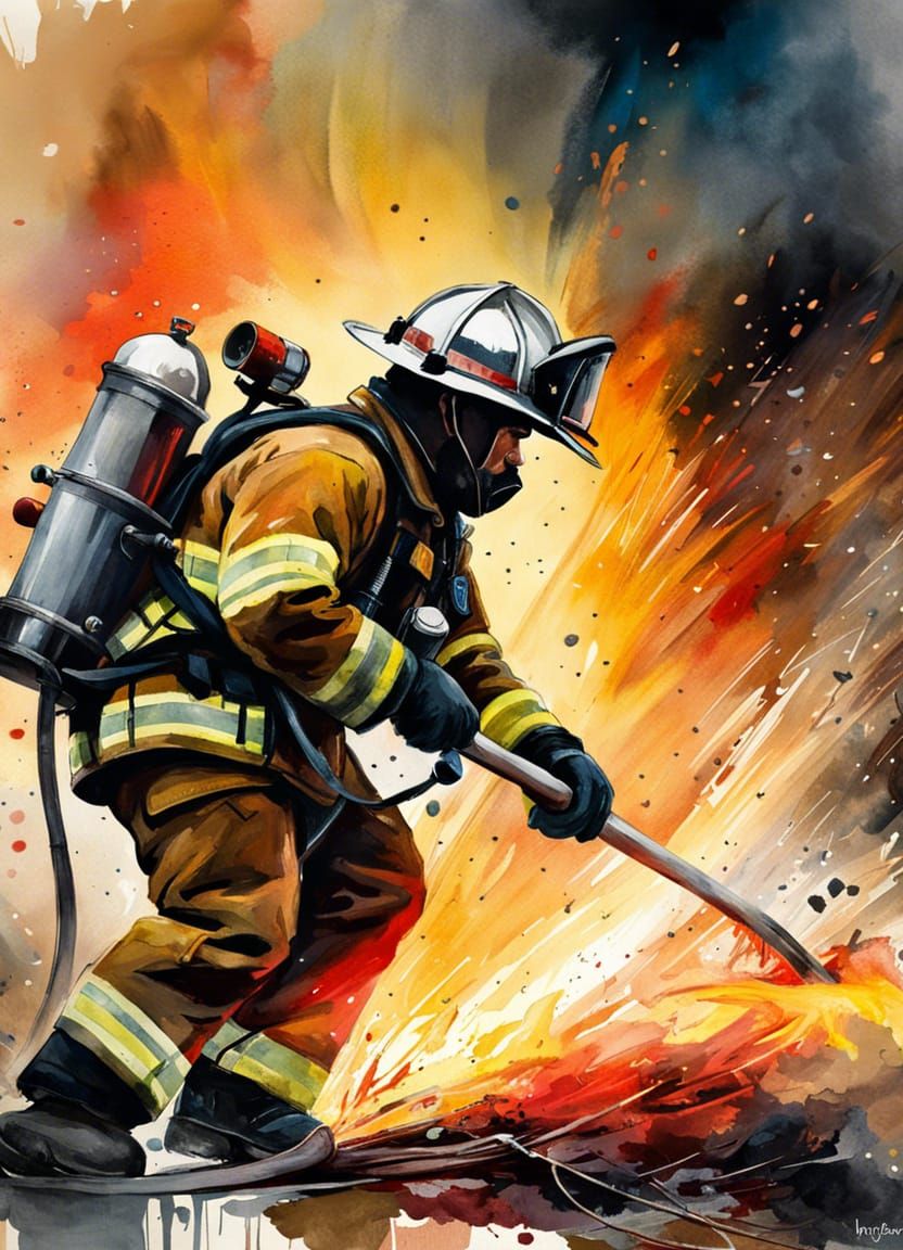 Firefighter Extinguishing Fire in Watercolour Style