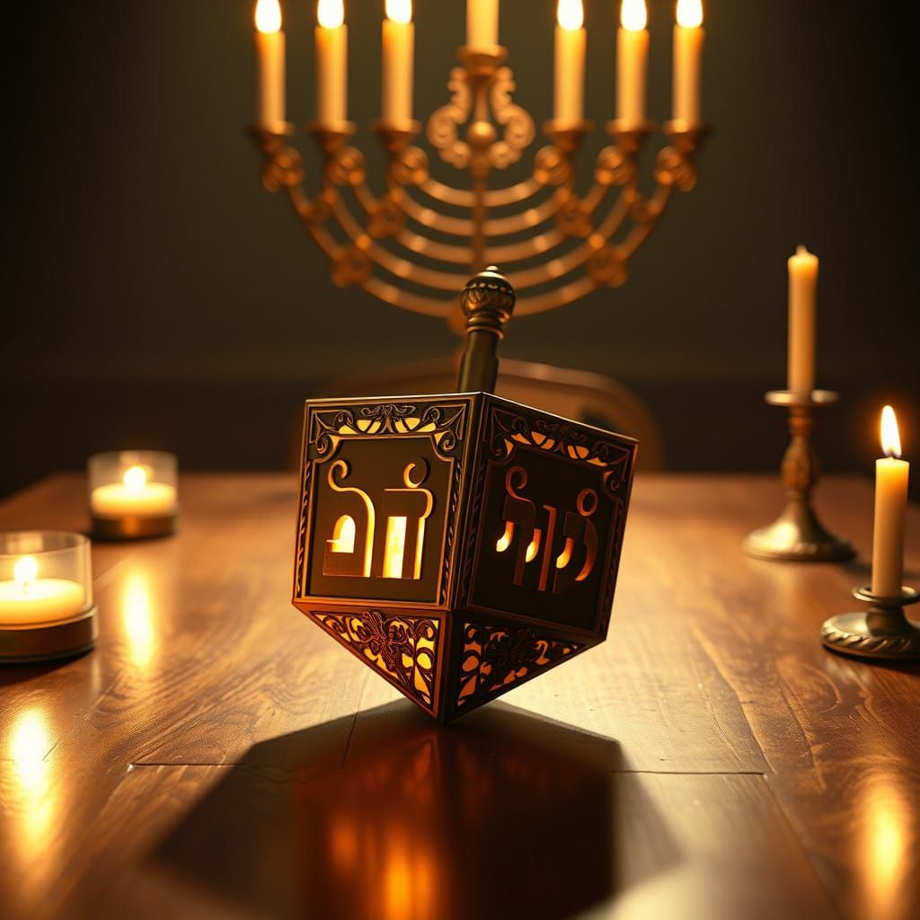 Ethereal Dreidel Illuminates Menorah in Cinematic Grandeur