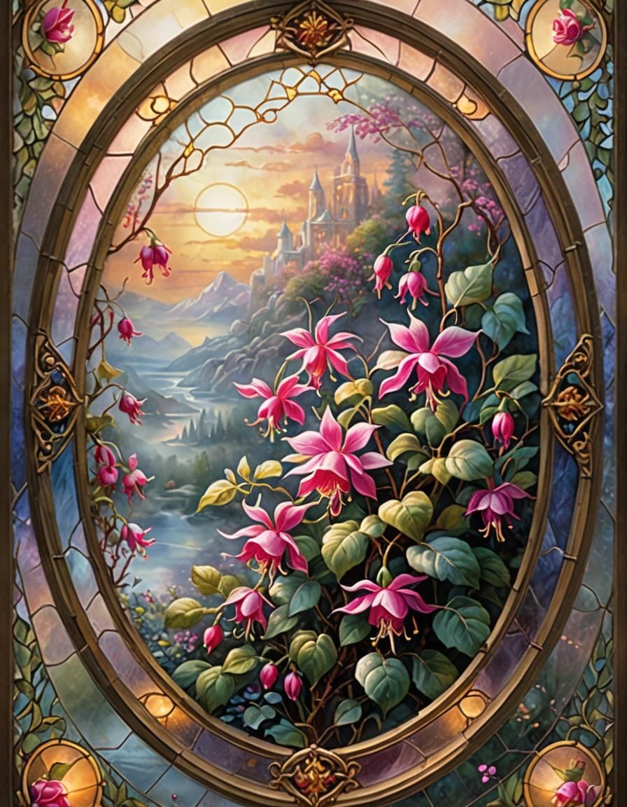 Rose-Fuchsia Stained Glass in Misty Setting