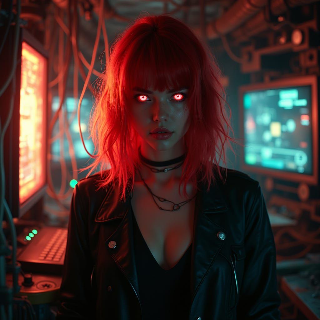 Red-Haired Hacker in Cyberpunk Bunker, Digital Art