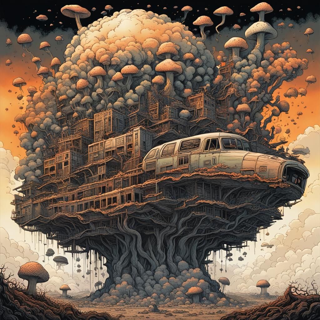 Surreal Nuclear Explosion in Whimsical Ink Drawing Style