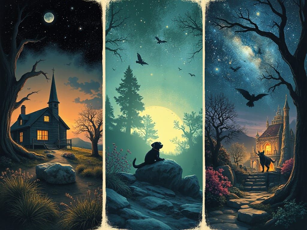 Paranormal Mystery Pet Story Triptych in Shaun Tan Style
