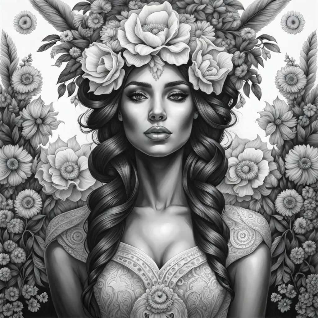 Elegant Woman with Flower Crown in Pencil Sketch