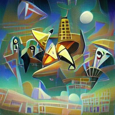 Festival on city in the sky with spaceships landing