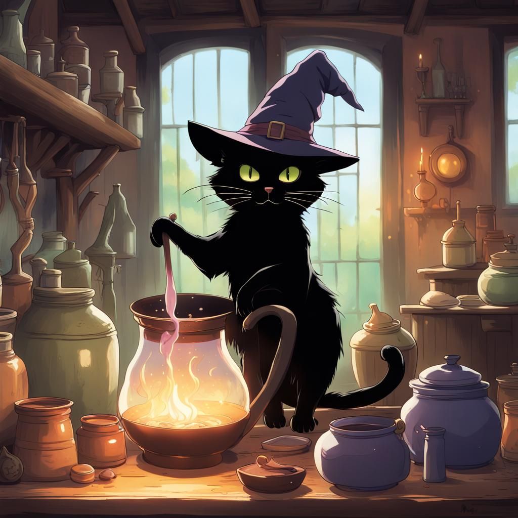 Black Cat Brews Potion in Studio Ghibli Anime Style