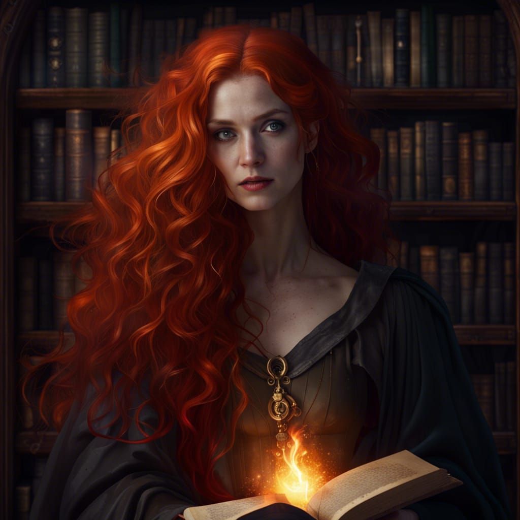 Fiery-Haired Necromancer in Ancient Library